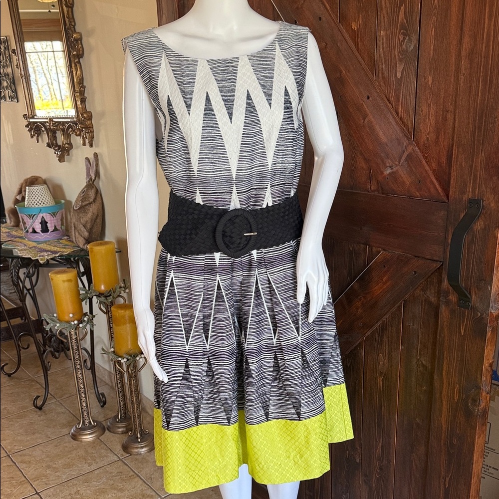 Tahari Black, White & Lime Geometric Midi Dress